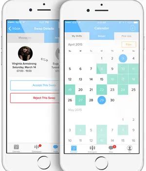 Mobile scheduling app showing staff shifts and calendar view for healthcare employees