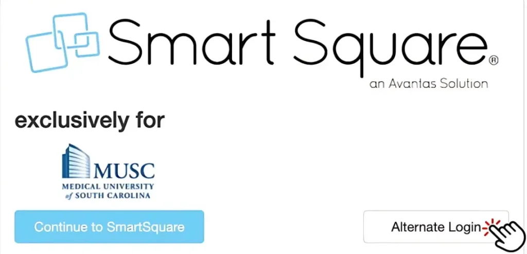 Smart Square Musc login page where a finger pointing at alternate login button