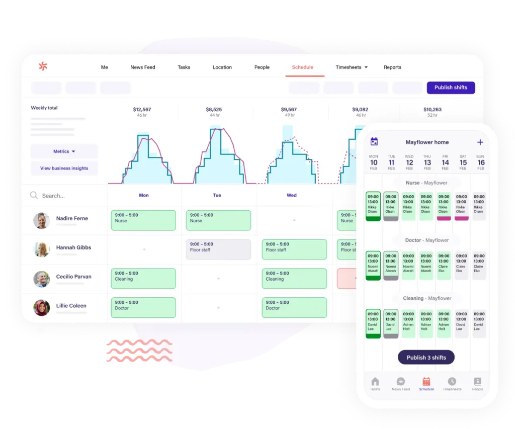Smart Square workforce scheduling dashboard showing staff shifts on desktop and mobile app