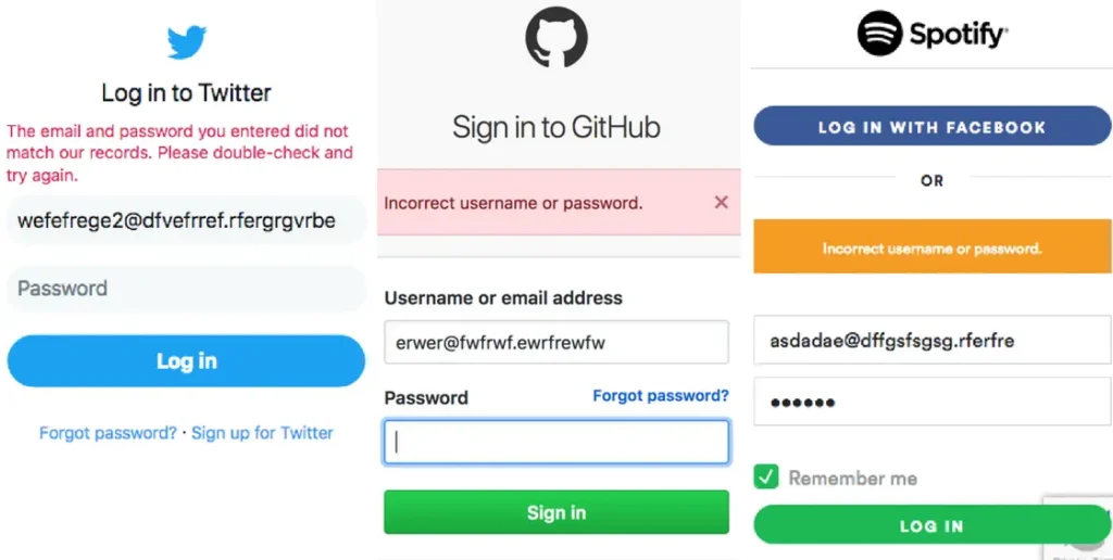 Example of incorrect username or password error shown on login screens