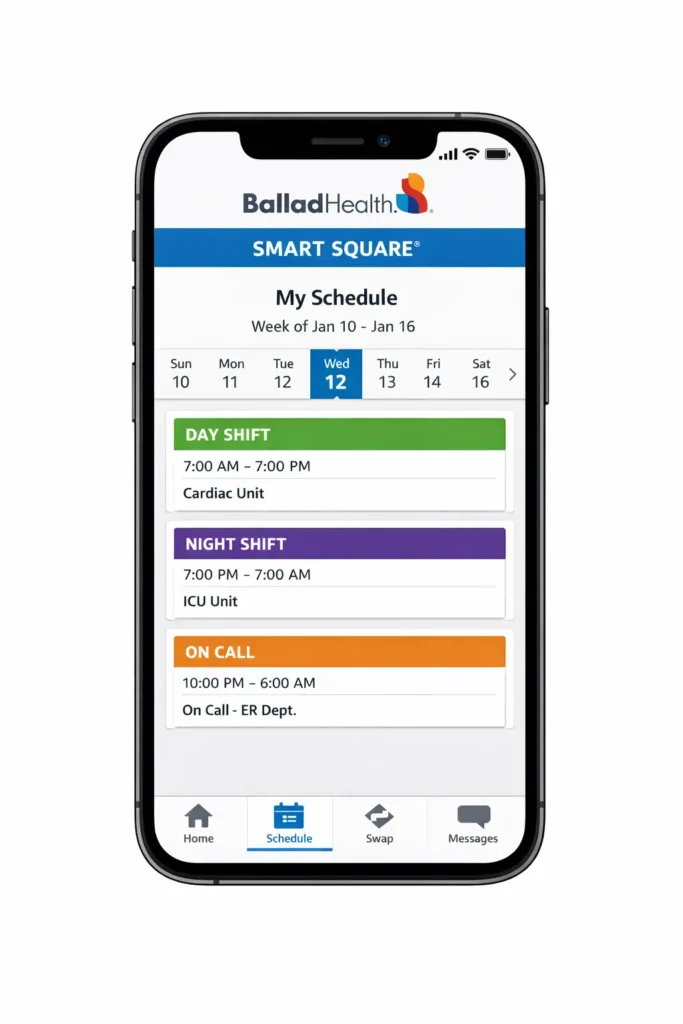 Ballad Health Smart Square app showing hospital shift schedule